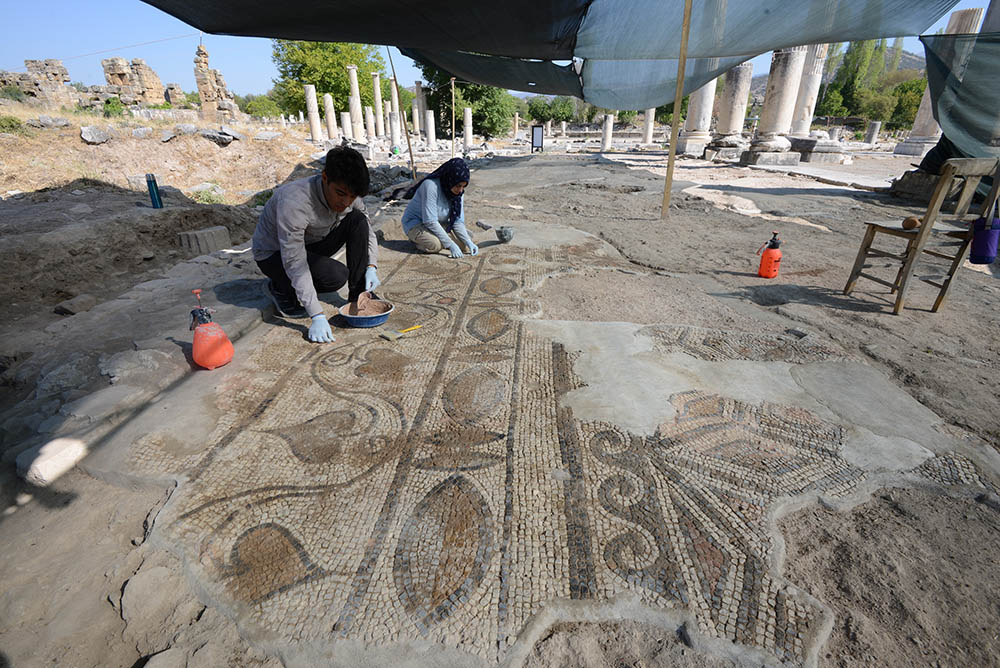 Close up photograph of conservator excavating coffin with small tools.