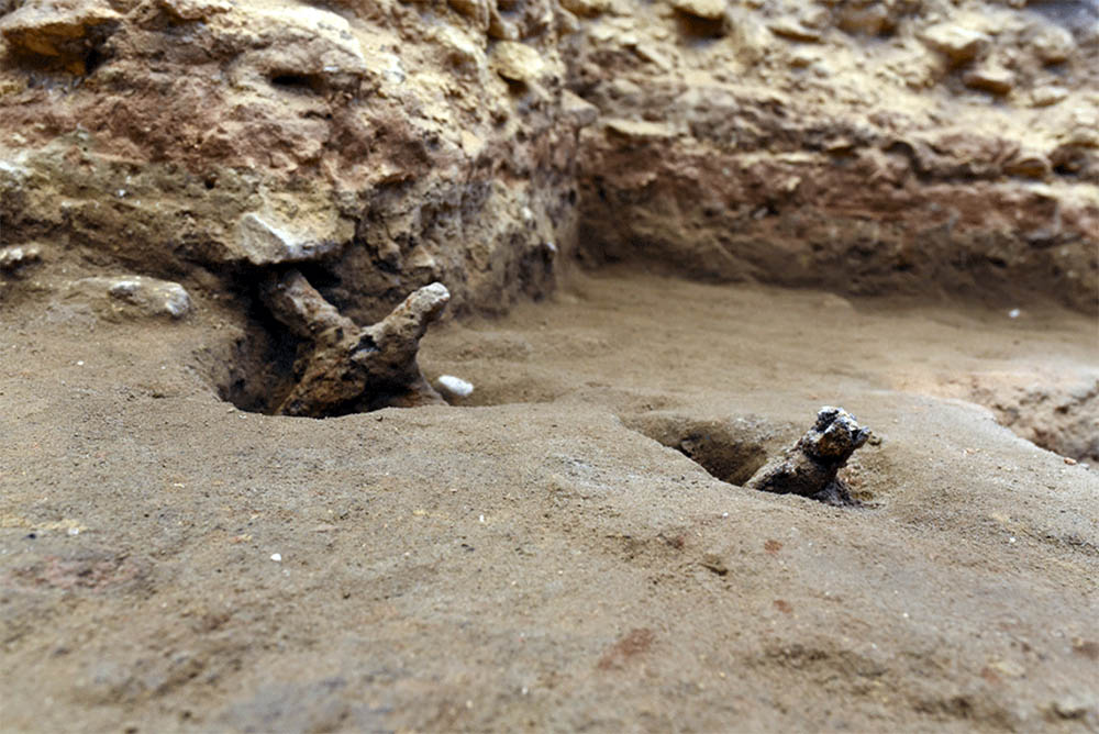 View from the bottom of a trench showing partially excavated objects.