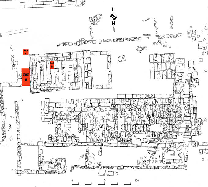 Area of Temple B with indication of Trenches A-C