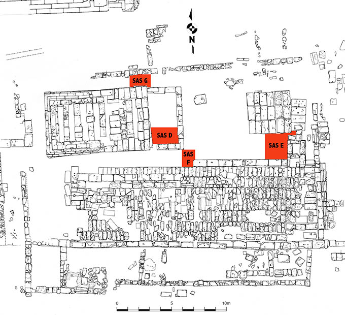 Area of Temple B with indication of Trenches D-G.