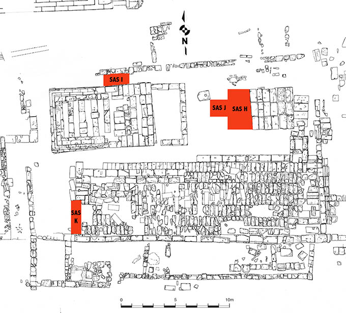 Area of Temple B with indication of Trenches H-K