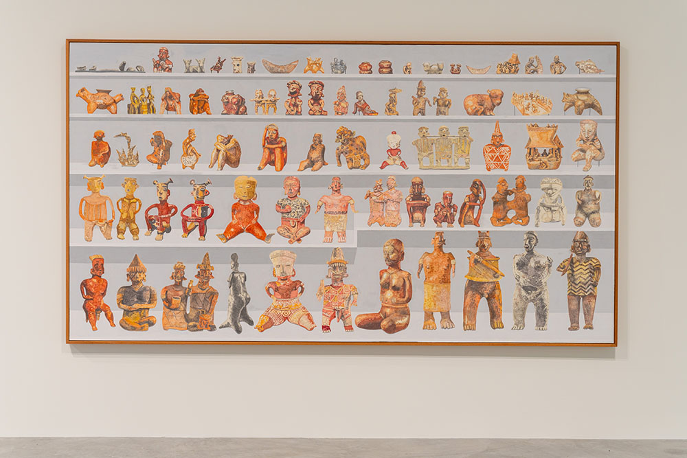 A painting depicting three shelves filled with ancient-looking, terracotta-colored figurines