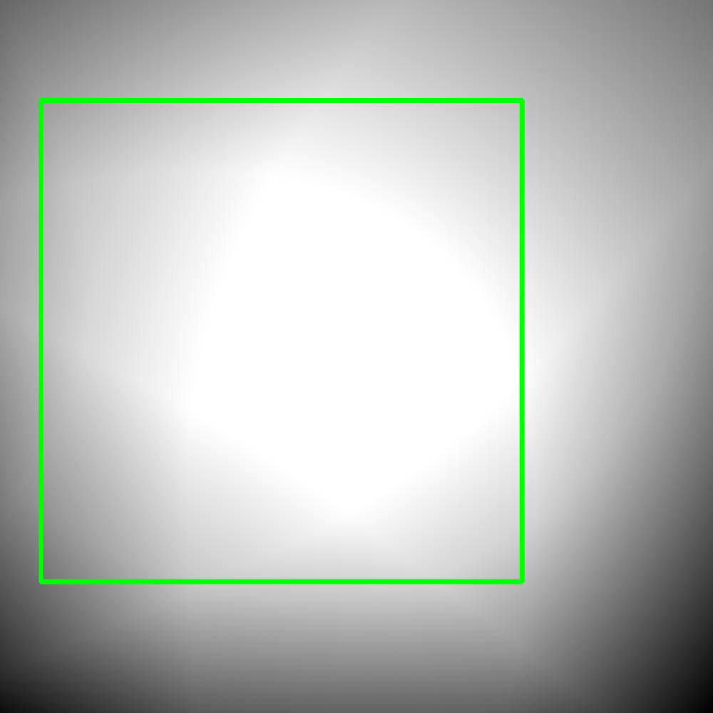 Bright white out of focus shape surrounded by a square green outline.