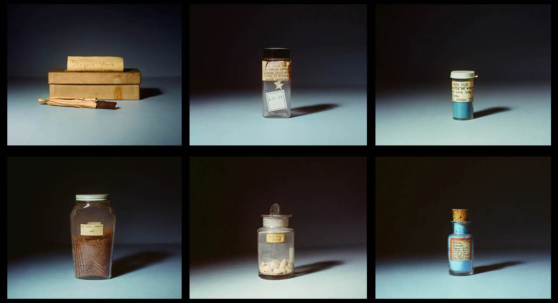 A gridded image featuring six separate photographs of vintage apothecary items, each on a dark background