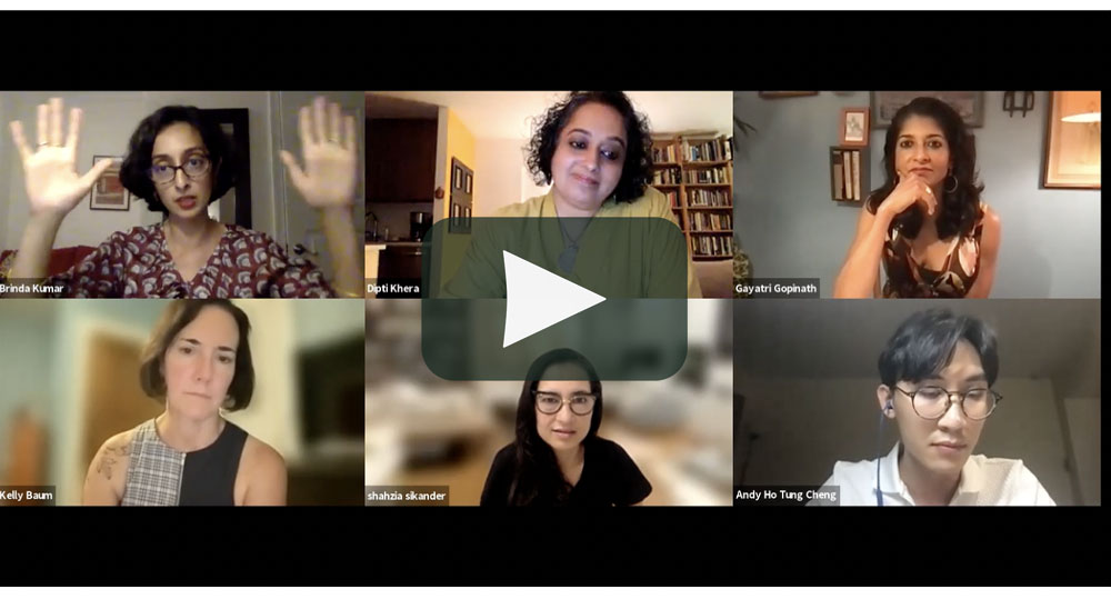 Video still from Zoom lecture showing a grid of all six women in discussion.